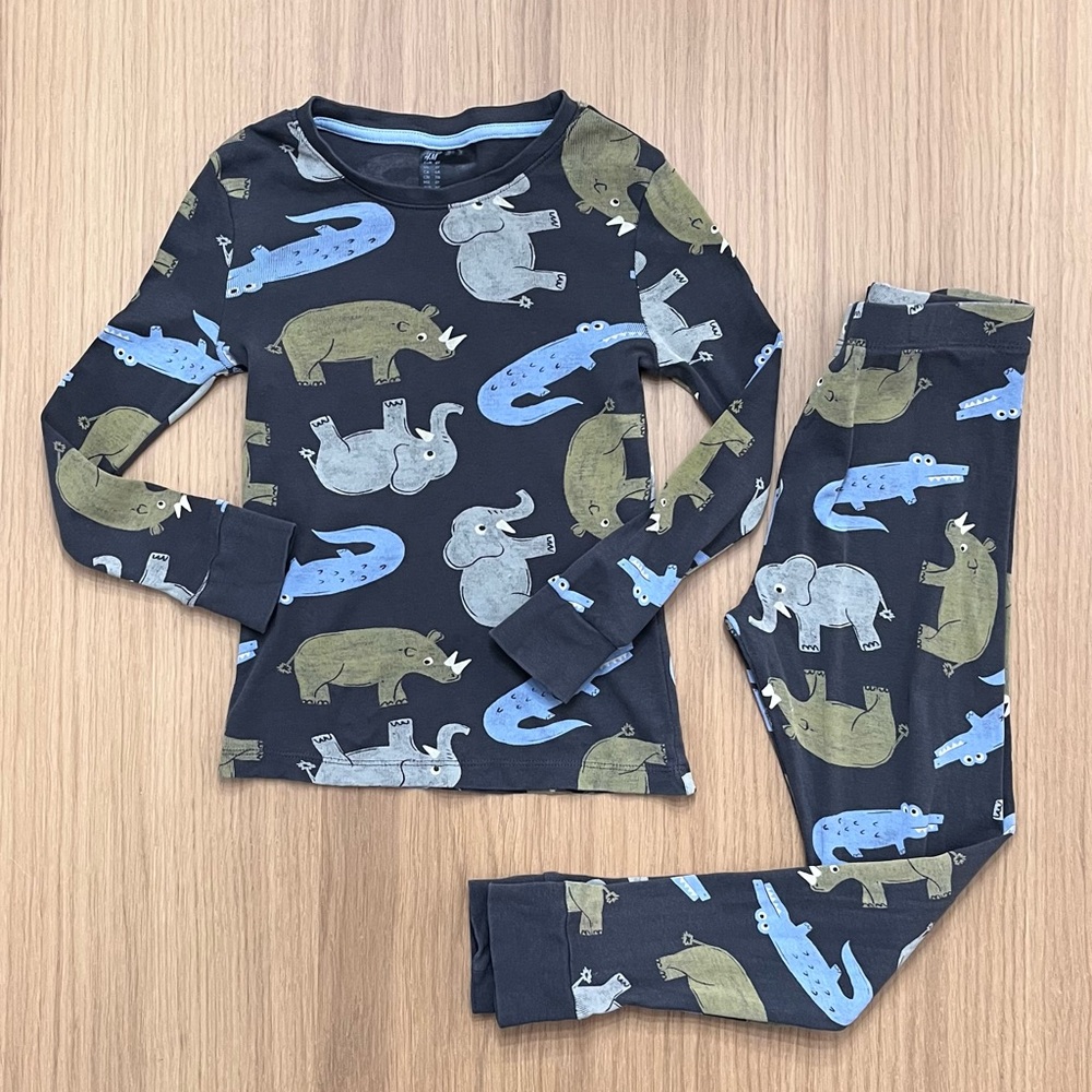 H&M, Kids snug Cotton Jersey Pajamas, Animals, grey and blue, size 6